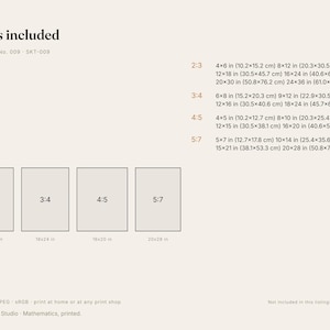 K&ouml;nnte beinhalten: Eine Informationstabelle mit dem Titel Sizes included, die verschiedene Seitenverh&auml;ltnisse und Abmessungen in Zoll und Zentimetern f&uuml;r Kunstdrucke auflistet. Sie zeigt vier rechteckige Umrisse mit den Bezeichnungen 2:3, 3:4, 4:5 und 5:7 sowie technische Spezifikationen wie 300 ppi, JPEG und sRGB.