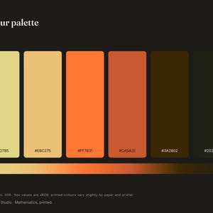 K&ouml;nnte beinhalten: Eine Farbpalette mit der &Uuml;berschrift Colour palette und Borkfest, die sechs vertikale rechteckige Farbfelder in den T&ouml;nen Hellgelb, Goldgelb, leuchtendes Orange, gebranntes Orange, Dunkelbraun und Anthrazit mit den Hex-Codes #DFD785, #EBC275, #FF7831, #CA5A2E, #3A2802 und #202215 zeigt.