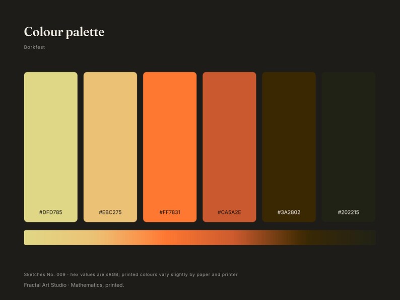 K&ouml;nnte beinhalten: Eine Farbpalette mit der &Uuml;berschrift Colour palette und Borkfest, die sechs vertikale rechteckige Farbfelder in den T&ouml;nen Hellgelb, Goldgelb, leuchtendes Orange, gebranntes Orange, Dunkelbraun und Anthrazit mit den Hex-Codes #DFD785, #EBC275, #FF7831, #CA5A2E, #3A2802 und #202215 zeigt.