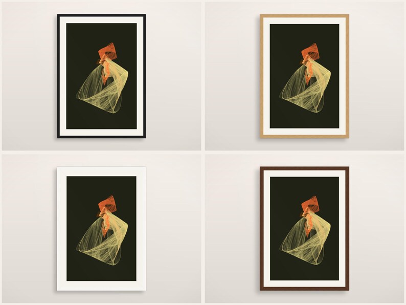 K&ouml;nnte beinhalten: Vier gerahmte Wandbilder mit einem abstrakten Design auf dunkelgr&uuml;nem Hintergrund, einer zentralen orangefarbenen geometrischen Form und einem flie&szlig;enden, hellgelben netzartigen Muster. Das Set enth&auml;lt Rahmen in Schwarz, hellem Holz, Wei&szlig; und Dunkelbraun.