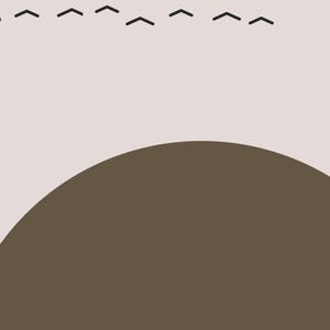 May include: A graphic print featuring a large, dark brown semi-circle positioned against a light beige background. Above the semi-circle, a series of small, dark brown chevron shapes are arranged in a horizontal line across the upper portion.