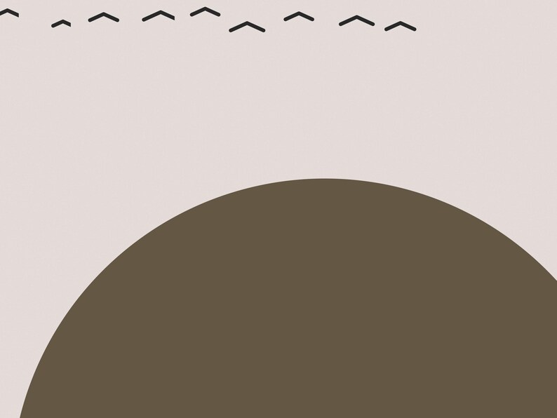 May include: A graphic print featuring a large, dark brown semi-circle positioned against a light beige background. Above the semi-circle, a series of small, dark brown chevron shapes are arranged in a horizontal line across the upper portion.