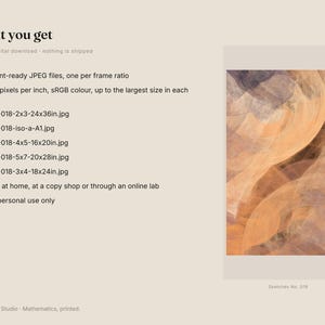 May include: A digital download listing featuring five print-ready JPEG files with 300 pixels per inch. The image displays an abstract artwork with swirling orange, brown, and grey tones, labeled Sketches No. 018, alongside a list of file specifications.