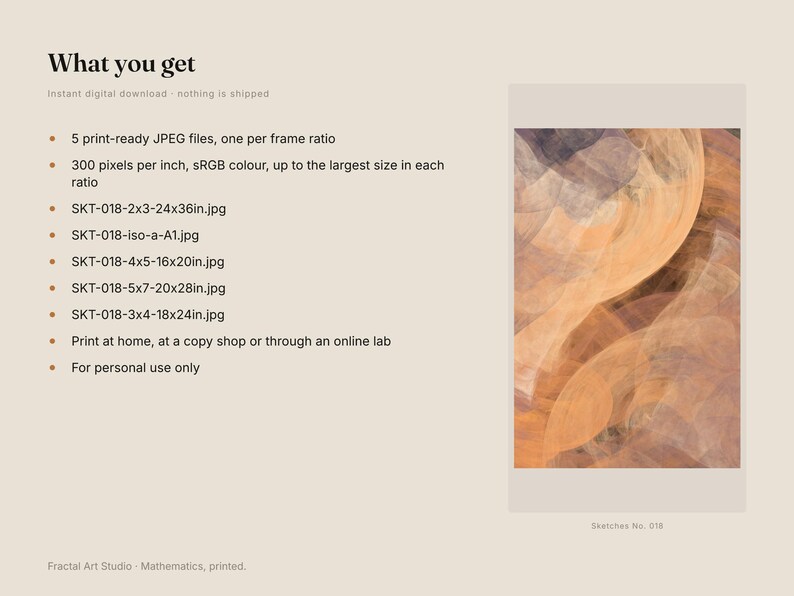 May include: A digital download listing featuring five print-ready JPEG files with 300 pixels per inch. The image displays an abstract artwork with swirling orange, brown, and grey tones, labeled Sketches No. 018, alongside a list of file specifications.