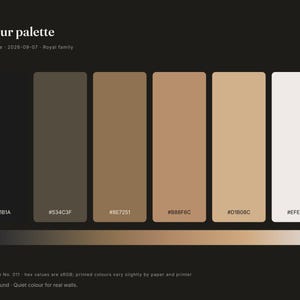 May include: A color palette graphic titled Colour palette, Boho ochre, 2026-09-07, Royal family. It displays six vertical rectangular swatches ranging from dark charcoal #1A1B1A to off-white #EFEAE8, with hex codes #534C3F, #8E7251, #B88F6C, #D1B08C.