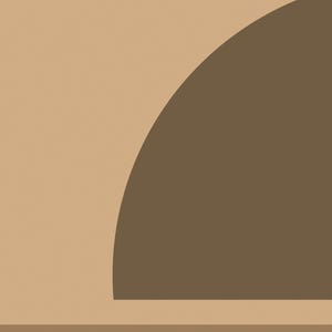 May include: A graphic design featuring a large dark brown semi-circle shape positioned against a solid light tan background. The composition includes a horizontal light tan line extending across the bottom, creating a clean and geometric visual layout.