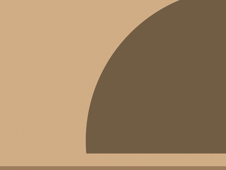 May include: A graphic design featuring a large dark brown semi-circle shape positioned against a solid light tan background. The composition includes a horizontal light tan line extending across the bottom, creating a clean and geometric visual layout.