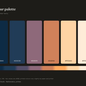 May include: A color palette chart titled Colour palette SLSO8 Ember family, featuring six vertical rectangular swatches in dark blue, navy, muted purple, burnt orange, pale yellow, and cream, with hex codes and a horizontal gradient bar below.