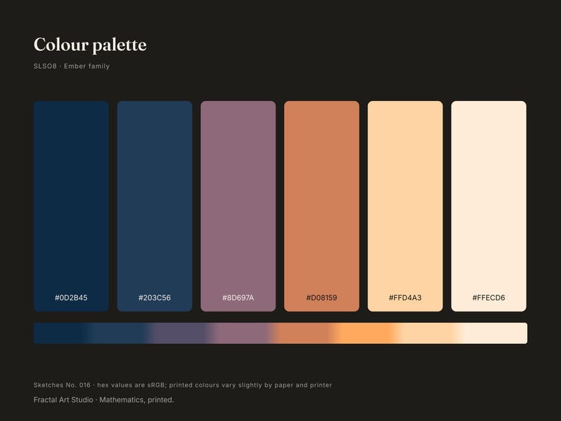May include: A color palette chart titled Colour palette SLSO8 Ember family, featuring six vertical rectangular swatches in dark blue, navy, muted purple, burnt orange, pale yellow, and cream, with hex codes and a horizontal gradient bar below.