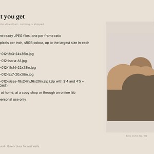 Puede incluir: Un anuncio de descarga digital que presenta una impresi&oacute;n de arte gr&aacute;fico con formas abstractas superpuestas en marr&oacute;n y beige. El texto incluye 'What you get', una lista de seis nombres de archivos JPEG y 'BOH-012' en la parte inferior.