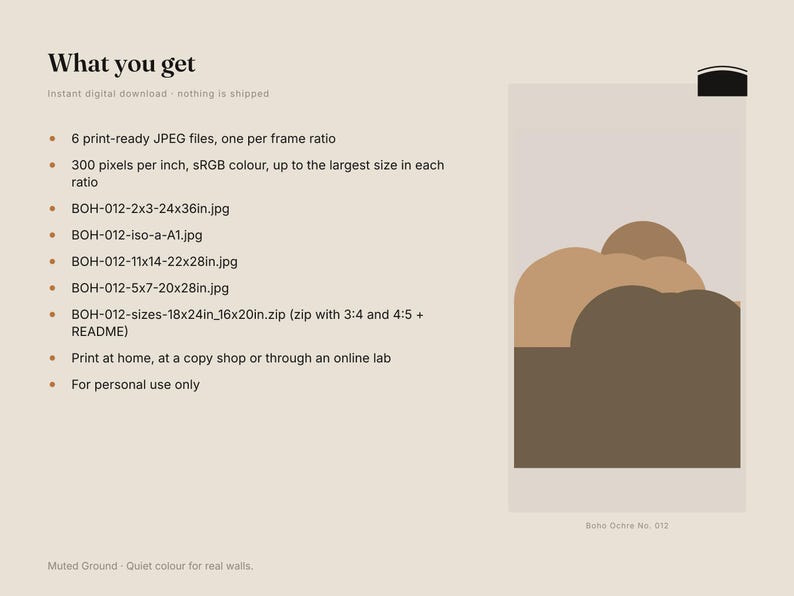 Puede incluir: Un anuncio de descarga digital que presenta una impresi&oacute;n de arte gr&aacute;fico con formas abstractas superpuestas en marr&oacute;n y beige. El texto incluye 'What you get', una lista de seis nombres de archivos JPEG y 'BOH-012' en la parte inferior.