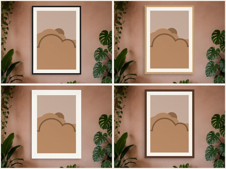 May include: Four framed wall art prints featuring a geometric landscape design with a sun and clouds in shades of tan, brown, and beige. The prints are displayed in black, light wood, white, and dark brown frames, each with a white mat border.