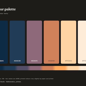 May include: A color palette chart titled Colour palette SLSO8 Ember family, featuring six vertical rectangular swatches in dark blue, navy, muted purple, terracotta, light peach, and cream, with hex codes and a horizontal gradient bar below.