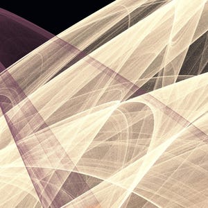 Puede incluir: Un gr&aacute;fico digital abstracto que presenta cintas fluidas y transl&uacute;cidas de color crema y beige p&aacute;lido superpuestas sobre un fondo negro profundo. Un arco &uacute;nico, curvo y semitransparente de color violeta cruza las bandas diagonales claras.