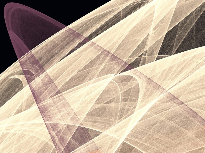 Puede incluir: Un gr&aacute;fico digital abstracto que presenta cintas fluidas y transl&uacute;cidas de color crema y beige p&aacute;lido superpuestas sobre un fondo negro profundo. Un arco &uacute;nico, curvo y semitransparente de color violeta cruza las bandas diagonales claras.