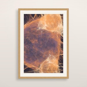 May include: A framed wall art print featuring an abstract composition with swirling, wispy layers of orange and light peach tones set against a deep, dark purple background, all enclosed within a simple, light-colored wooden frame.