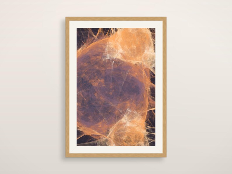 May include: A framed wall art print featuring an abstract composition with swirling, wispy layers of orange and light peach tones set against a deep, dark purple background, all enclosed within a simple, light-colored wooden frame.