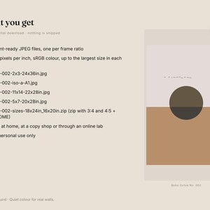 May include: A digital art print listing titled What you get, featuring a graphic of a dark brown circle centered on a split background of light beige and ochre. The text lists six print-ready JPEG files and various frame ratios for download.