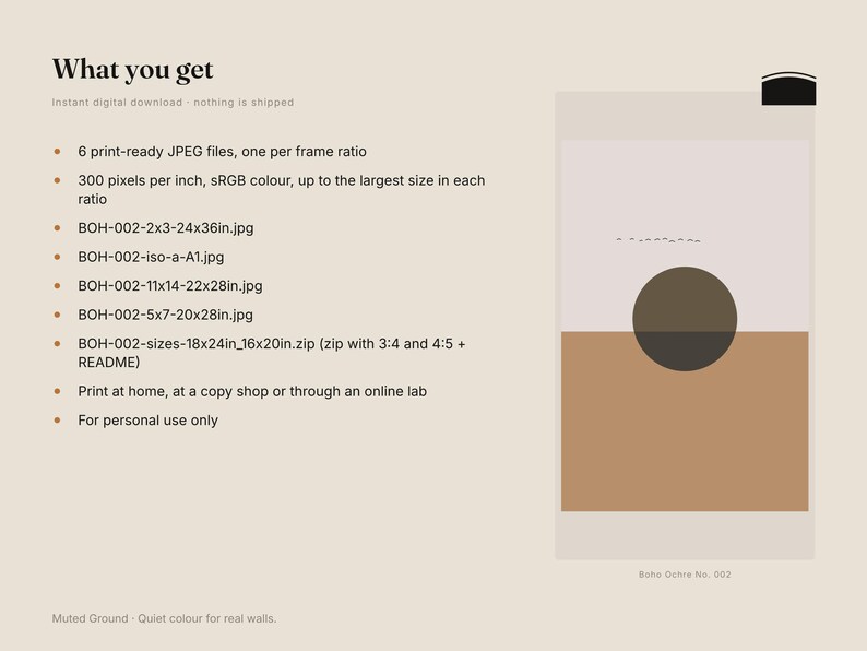 May include: A digital art print listing titled What you get, featuring a graphic of a dark brown circle centered on a split background of light beige and ochre. The text lists six print-ready JPEG files and various frame ratios for download.