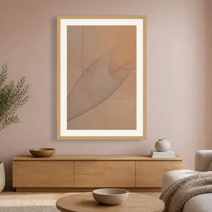 May include: A rectangular wall art piece featuring an abstract design of soft, overlapping translucent curves in shades of beige and tan. The artwork is enclosed in a light-colored wooden frame with a wide white mat border, creating a clean look.