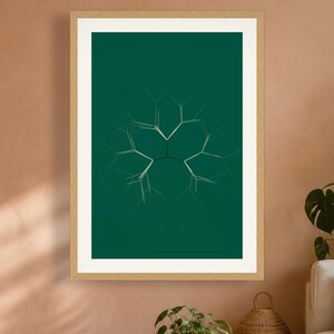 May include: A framed wall art print featuring a deep forest green background with a central, symmetrical white line drawing that resembles a branching, geometric snowflake or a stylized botanical structure with thin, radiating segments.
