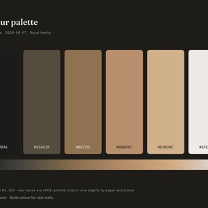 May include: A color palette graphic titled Colour palette, featuring the text Boho ochre, 2026-09-07, and Royal family. It displays six vertical rectangular swatches ranging from dark charcoal to off-white, with hex codes #1A1B1A, #534C3F, #8E7251, #B88F6C, #D1B08C, and #EFEAE8.