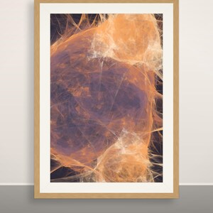May include: A framed wall art print featuring an abstract digital composition with swirling, wispy clouds of bright orange and soft white set against a deep, dark purple background, enclosed within a light-toned wooden frame.