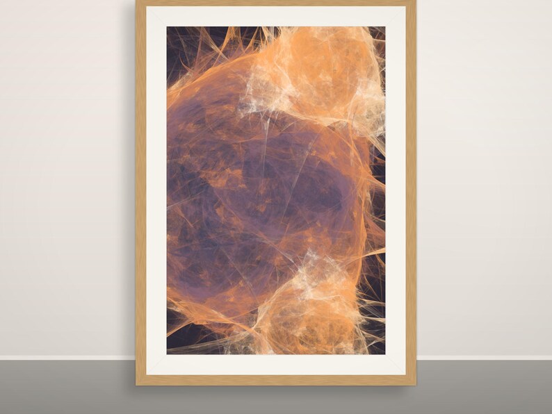 May include: A framed wall art print featuring an abstract digital composition with swirling, wispy clouds of bright orange and soft white set against a deep, dark purple background, enclosed within a light-toned wooden frame.