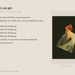 K&ouml;nnte beinhalten: Ein digitales Kunstdruck-Angebot mit dem Text What you get und einer Liste von vier JPEG-Dateien, darunter SKT-009-2x3-24x36in.jpg, SKT-009-5x7-20x28in.jpg, SKT-009-3x4-18x24in.jpg und SKT-009-4x5-16x20in.jpg neben einer abstrakten orange-gelben Fraktal.
