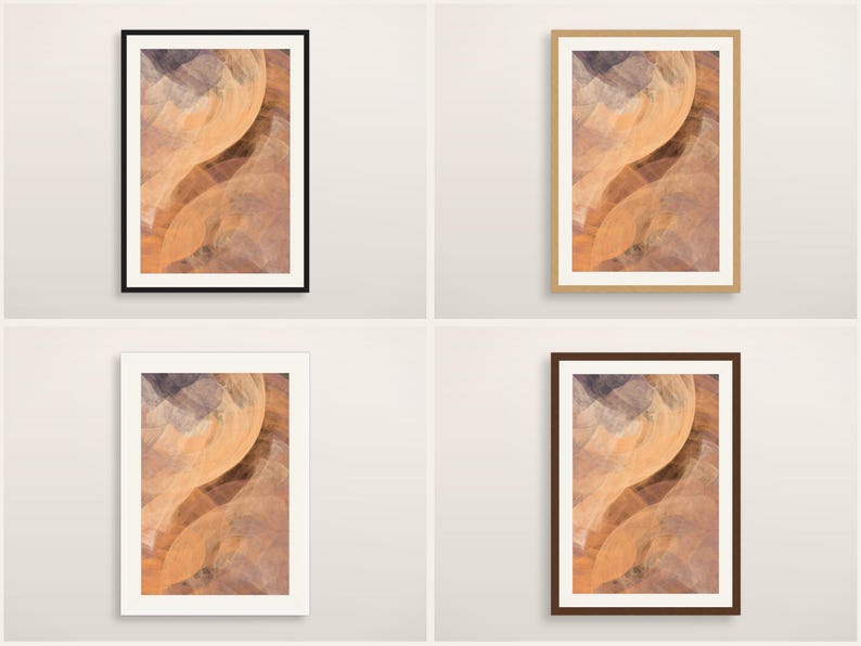 May include: Four rectangular wall art prints featuring an abstract desert canyon landscape with swirling orange, tan, and dark purple rock formations. Each print is displayed in a different frame color: black, light wood, white, and dark brown.