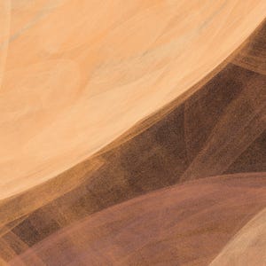 May include: An abstract digital composition featuring overlapping translucent layers in shades of warm peach, light beige, and deep chocolate brown. The image displays sweeping, curved lines and soft gradients that create a sense of depth and motion.