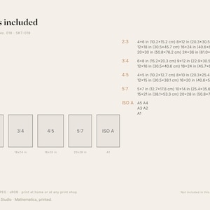 May include: A digital print size guide titled Sizes included, Sketches No. 018 - SKT-018. It lists aspect ratios 2:3, 3:4, 4:5, 5:7, and ISO A with corresponding dimensions in inches and centimeters, alongside five rectangular icons representing these ratios.