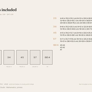 May include: A digital chart titled Sizes included, listing aspect ratios 2:3, 3:4, 4:5, 5:7, and ISO A with corresponding dimensions in inches and centimeters. Five rectangular outlines represent these ratios, with specific sizes like 24x36 in and A1 listed below them.