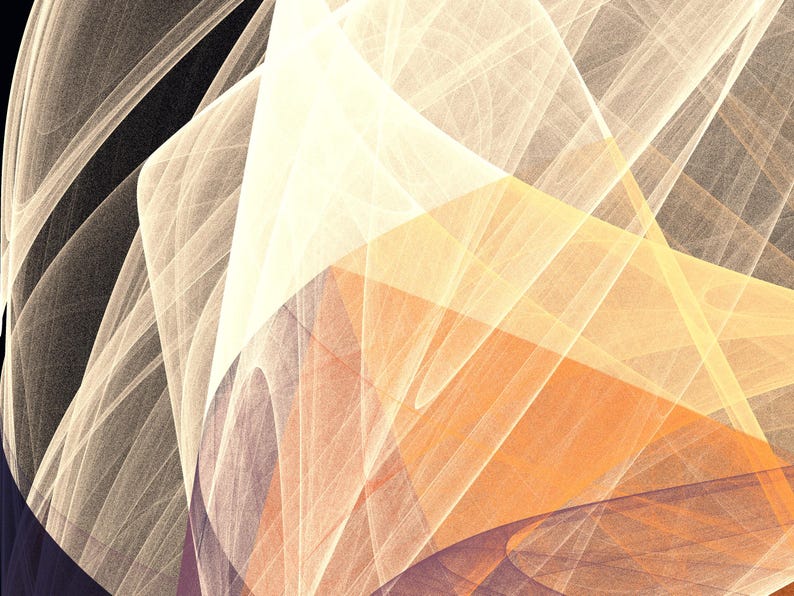 Puede incluir: Una obra de arte digital abstracta que presenta cintas de luz fluidas y transl&uacute;cidas en tonos crema, amarillo p&aacute;lido y naranja suave. La composici&oacute;n est&aacute; definida por planos geom&eacute;tricos y l&iacute;neas curvas que crean una sensaci&oacute;n de profundidad.