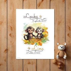 Póster personalizado de nacimiento de hermanos - Monos