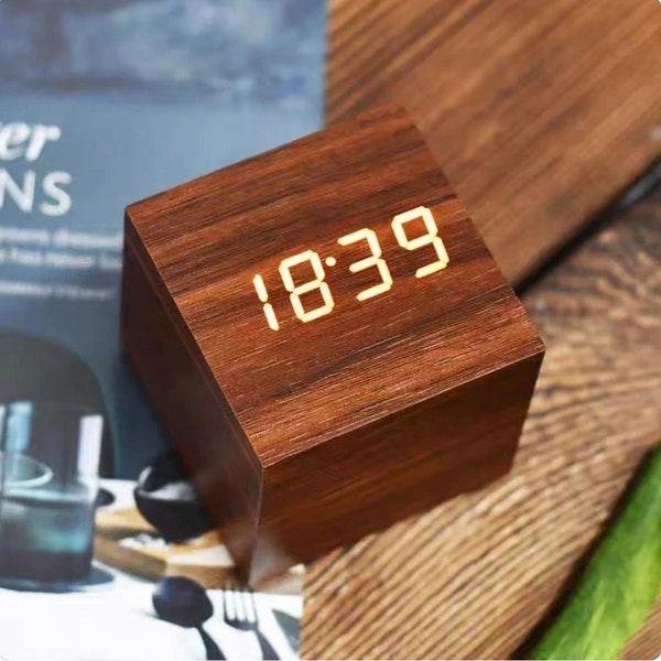 Wooden Digital Cube Alarm Clock LED Alarm Clock Modern Desk Decor Clocks for Office