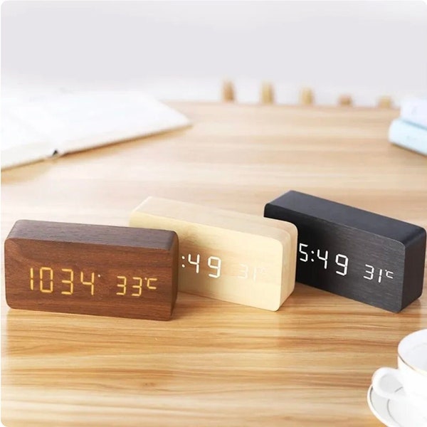 Wooden Digital Alarm Clock LED Alarm Clock with Temperature Desk Clocks for Office