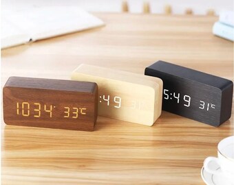 Wooden Digital Alarm Clock LED Alarm Clock with Temperature Desk Clocks for Office