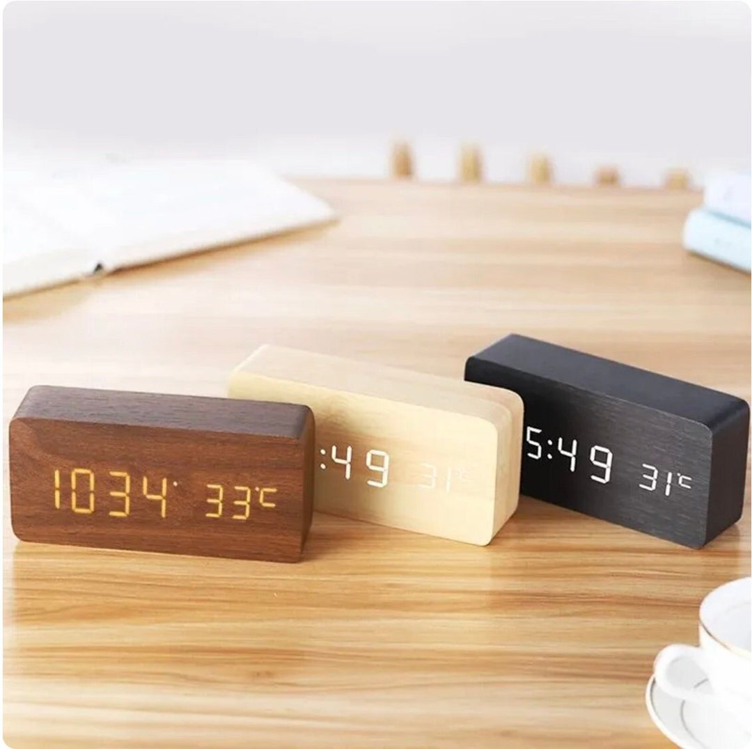 Wooden Digital Alarm Clock LED Alarm Clock With Temperature Desk Clocks ...