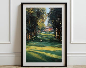 May include: Framed art print of a golf course scene. The artwork depicts a green fairway lined with tall trees, leading to a white flag and a distant building. The painting is in a vertical format, with a black frame.