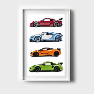 Imágenes de autos superdeportivos LEGO: impresiones icónicas de Porsche, McLaren, Ferrari y Bugatti para la decoración de la habitación de los niños o la oficina