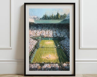 Puede incluir: Impresión artística enmarcada de un partido de tenis. La cancha verde está rodeada de espectadores. Los jugadores de blanco están en la cancha. La obra de arte está en un marco negro, sobre un suelo de madera.