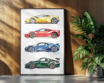 Watercolor Supercars – Bugatti, Lamborghini, Ferrari & Porsche Art Print