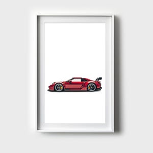 May include: A red sports car with black accents and a rear spoiler. The car is photographed against a white background.