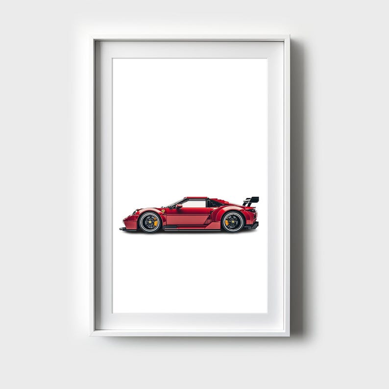 May include: A red sports car with black accents and a rear spoiler. The car is photographed against a white background.
