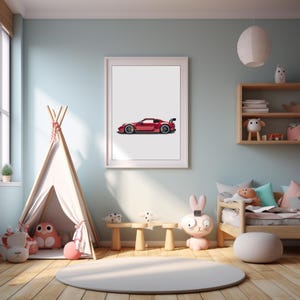 May include: A red sports car with a black spoiler is printed on a white poster hanging on a light blue wall in a child's room. The poster is framed in white.