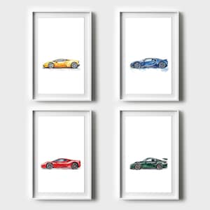 水彩スーパーカーコレクション – ブガッティ、ランボルギーニ、フェラーリ、ポルシェの個別プリント