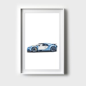 May include: A white framed print of a blue and white sports car on a white background.