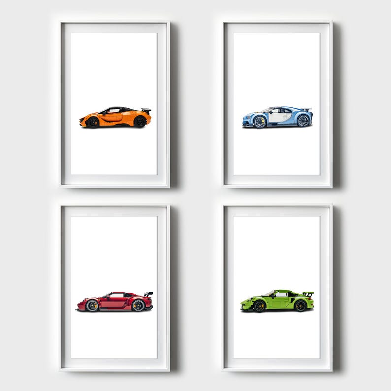 May include: Four framed prints of different sports cars. The top left print shows an orange car, the top right print shows a blue car, the bottom left print shows a red car, and the bottom right print shows a green car.