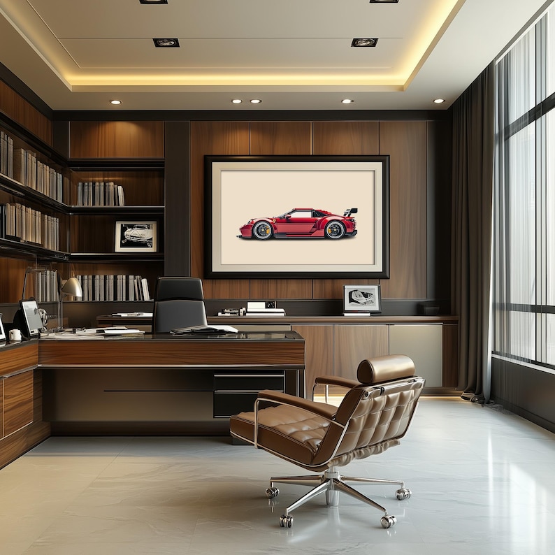May include: A modern home office with a large desk, a leather chair, and a framed print of a red sports car. The office has a large window with a view of the city.